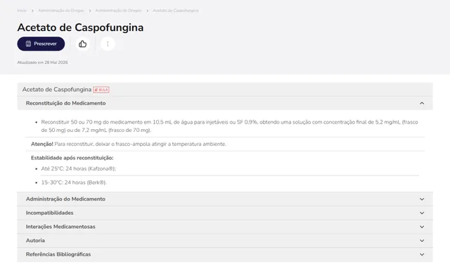 Tela de Administração de Drogas no Whitebook web: Acetato de Caspofungina