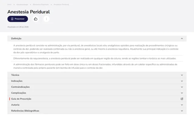 Tela de Anestesiologia no Whitebook web: Anestesia Peridural