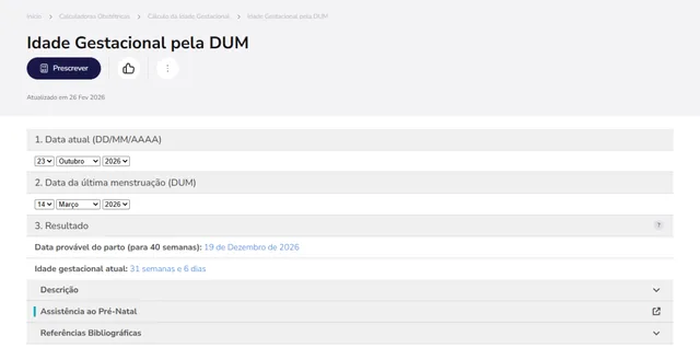 Tela de Calculadoras Obstétricas no Whitebook web: Idade Gestacional pela DUM
