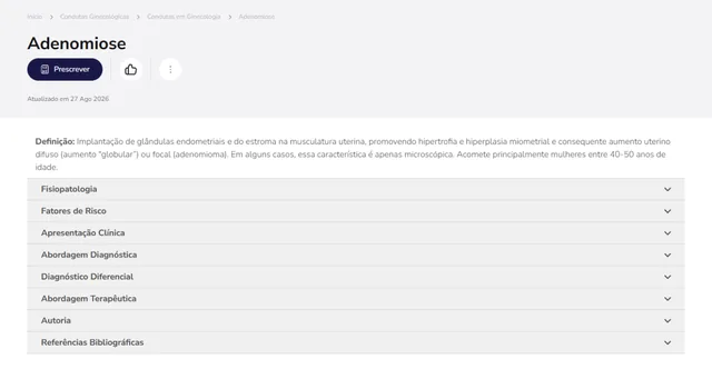 Tela de Condutas Ginecológicas no Whitebook web: Adenomiose