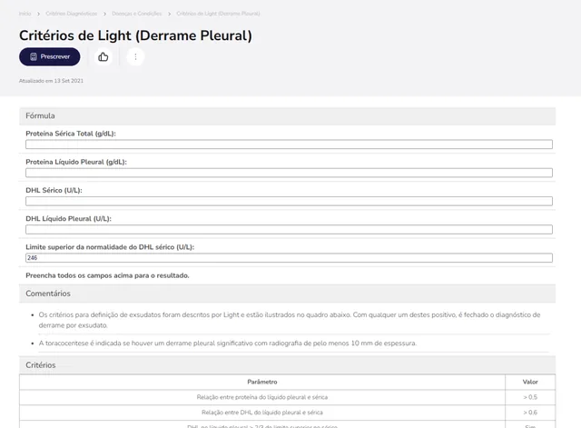 Tela de Critérios Diagnósticos no Whitebook web: Critérios de Light
