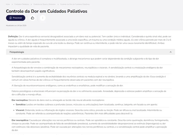 Tela de Cuidados Paliativos no Whitebook web: Controle da Dor em CP