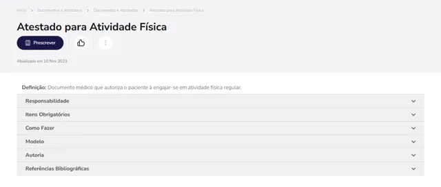 Tela de Documentos e Atestados no Whitebook web: Atestado para Atividade Física