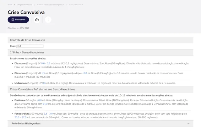 Tela de Drogas Pediátricas no Whitebook web: Crise Convulsiva