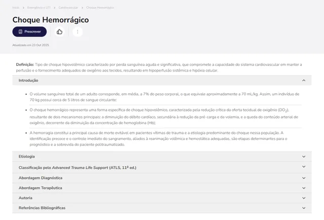 Tela de Emergência e UTI no Whitebook web: Choque Hemorrágico