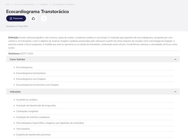 Tela de Exames Complementares no Whitebook web: Ecocardiograma Transtorácico