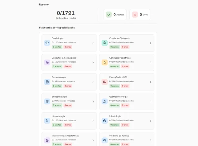 Tela de Flashcards no Whitebook web: Flashcards por especialidade