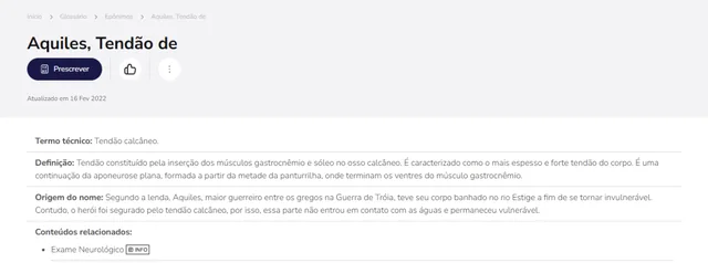 Tela de Glossário no Whitebook web: Aquiles, Tendão de