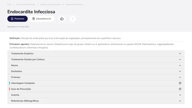 Tela de Guia de Antimicrobianos no Whitebook web: Endocardite Infecciosa