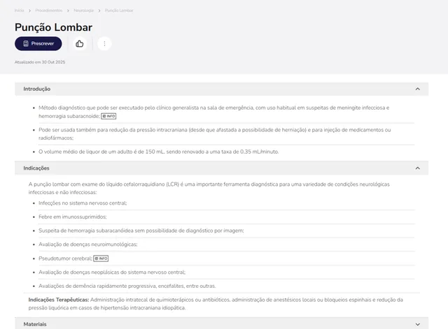 Tela de Guia de Procedimentos no Whitebook web: Punção Lombar