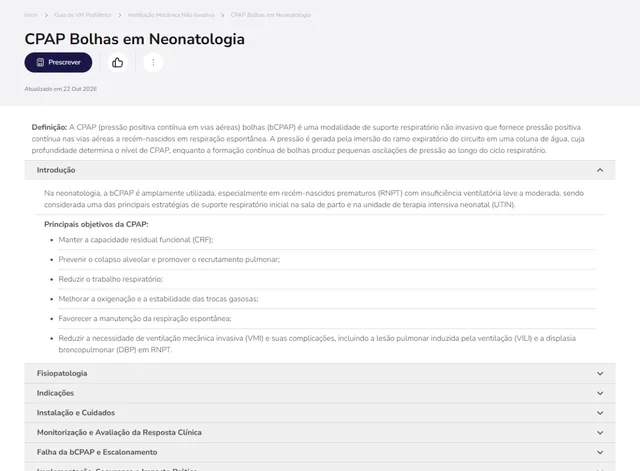 Tela de Guia de VM Pediátrico no Whitebook web: CPAP Bolhas em Neonatologia