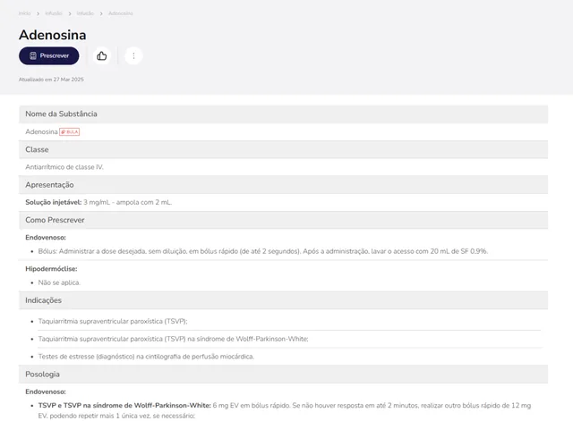 Tela de Infusão no Whitebook web: Adenosina