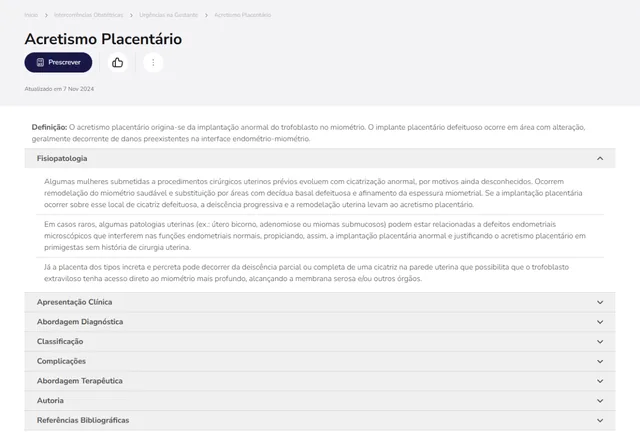 Tela de Intercorrências Obstétricas no Whitebook web: Acretismo Placentário