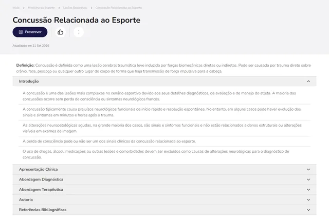Tela de Medicina do Esporte no Whitebook web: Concussão no Esporte