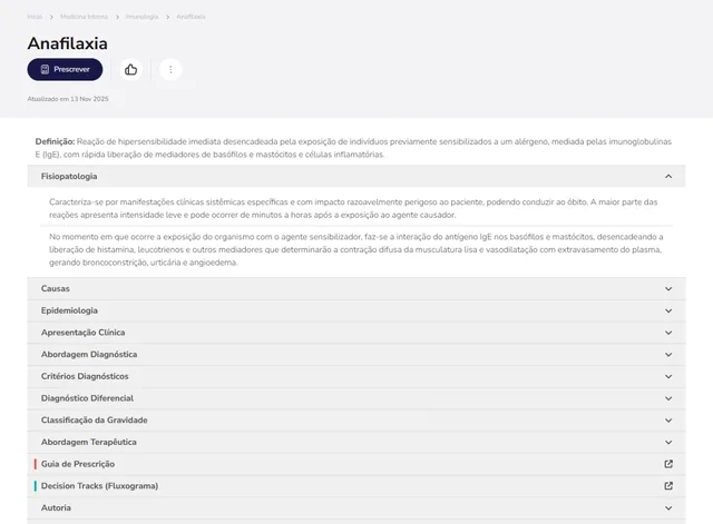 Tela de Medicina Interna no Whitebook web: Anafilaxia