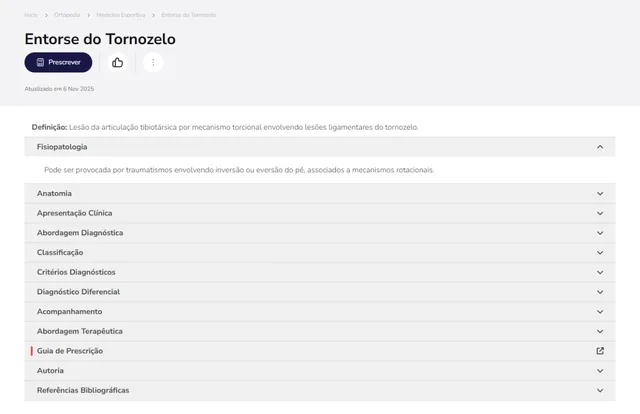 Tela de Ortopedia no Whitebook web: Entorse do Tornozelo