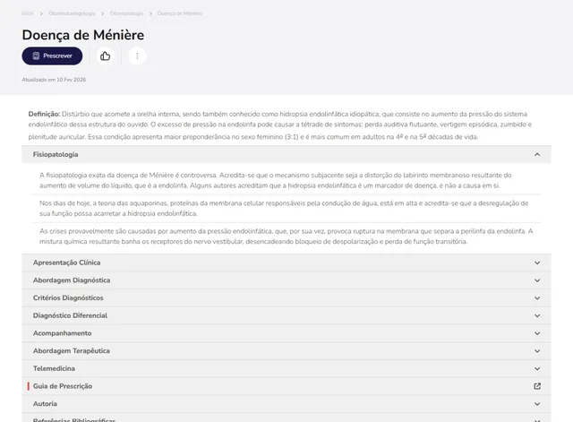 Tela de Otorrinolaringologia no Whitebook web: Doença de Ménière