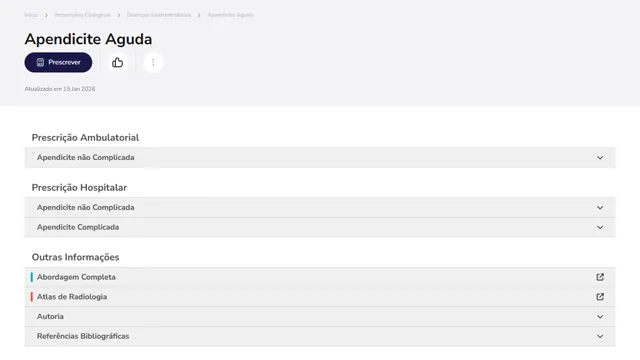 Tela de Prescrições Cirúrgicas no Whitebook web: Apendicite Aguda