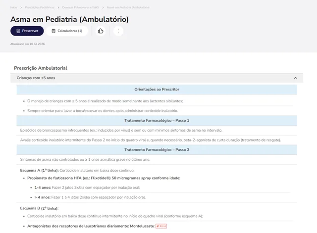 Tela de Prescrições Pediátricas no Whitebook web: Asma em Pediatria
