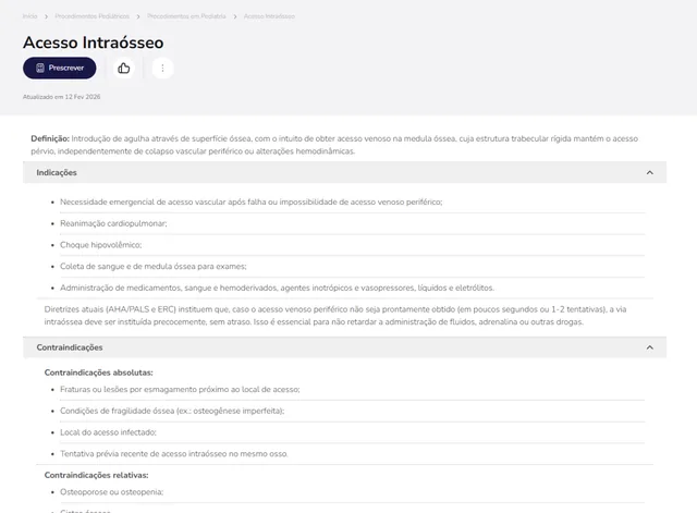 Tela de Procedimentos Pediátricos no Whitebook web: Acesso Intraósseo