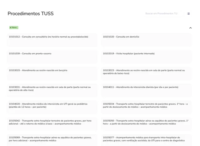 Tela de Procedimentos TUSS no Whitebook web: Procedimentos TUSS