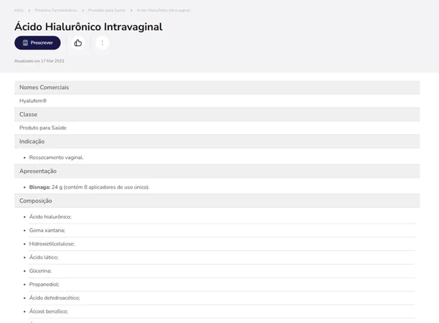 Tela de Produtos Farmacêuticos no Whitebook web: Ácido Hialurônico Intravaginal