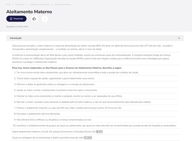 Tela de Puericultura no Whitebook web: Aleitamento Materno