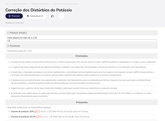 Tela de Reposição Eletrolítica no Whitebook web: Correção do Potássio