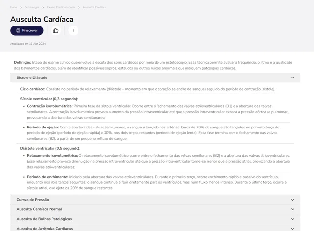 Tela de Semiologia no Whitebook web: Ausculta Cardíaca