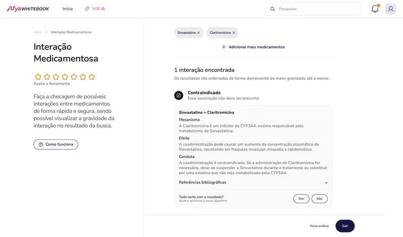 Tela da interação medicamentosa na versão para navegador
